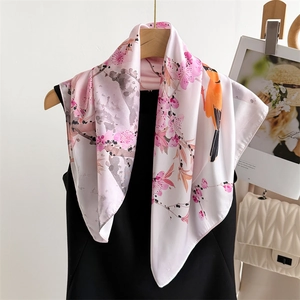 Pink silk-like square scarf featuring elegant floral and bird prints for women