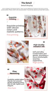 Macro shot of 70cm silk-like scarf showing vibrant floral patterns and fine rolled edges