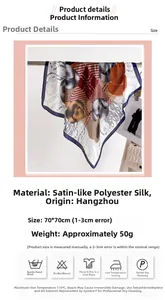 Detail view of 70x70cm polyester satin scarf showing vintage hat print and navy edges
