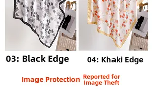 Detail comparison of floral silk-feel scarves with black and khaki borders