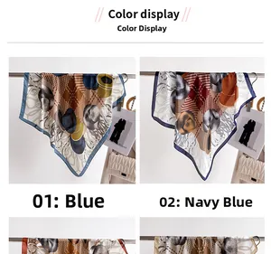 Detail of elegant 70cm silk square scarves with vintage hat and chain print patterns