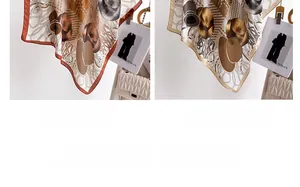 Detail of silk-like square scarves featuring classic chain patterns in coffee and khaki