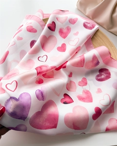 Dettaglio del foulard in seta con stampe di cuori ad acquerello su tessuto liscio