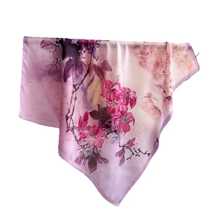 70cm faux silk square scarf with floral prints and elegant draped lavender aesthetic