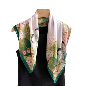 70cm faux silk scarf featuring traditional Chinese lotus and goldfish floral prints