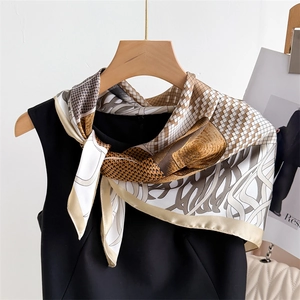 Elegant 70cm silk-feel square scarf with vintage chain and geometric print hanging on a hanger