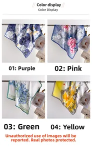 Detail view of four floral silk scarves with digital printing in various color schemes