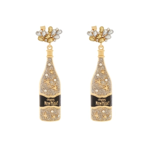 Exaggerated champagne bottle earrings with rhinestones and Happy New Year text