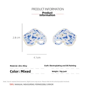 Detail showing blue and white enamel elephant head earrings with gold-plated zinc alloy edges