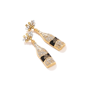 Sparkling Happy New Year champagne bottle drop earrings with rhinestones and gold finish