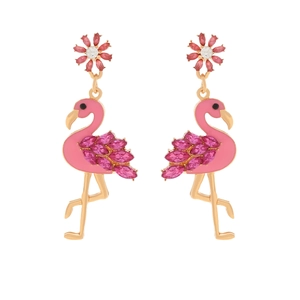 Pink flamingo drop earrings with flower stud and crystal wings in gold alloy