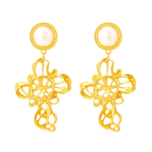 Boucles d'oreilles baroques dorées avec perles et pendentifs abstraits sculpturaux rétro