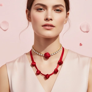 Collier À Plusieurs Rangs Rose Rouge Fait À La Main Alliage Strass Tour De Cou Ruban Floral Pour Femmes Bijoux