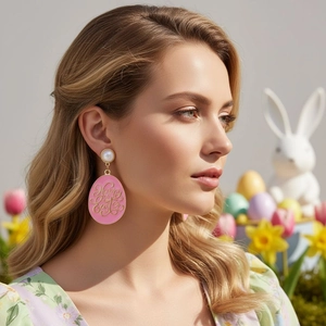 Happy Easter Egg Dangle Earrings Pink Enamel Faux Artificial Pearl Gold Zinc Alloy With Stainless Steel Earring Post