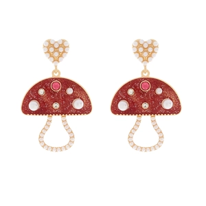 Mushroom Drop Earrings Heart Stud Faux Artificial Pearl Inlaid Red Enamel Glitter Fashion Jewelry For Women