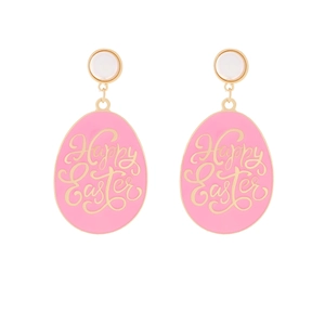 Pink enamel Easter egg drop earrings with golden Happy Easter lettering on white studs