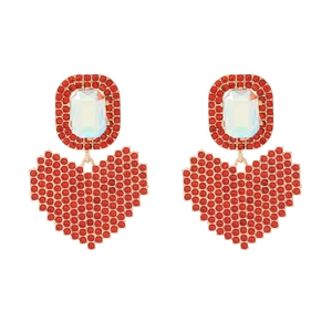 Boucles d'oreilles pendantes cœur pixel rouge avec pavé de cristaux dorés chic