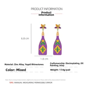 Detail showing dimensions of purple bottle earrings with colorful rhinestones and gold plating