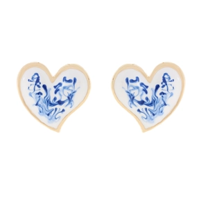Vintage heart earrings with blue and white porcelain enamel patterns in gold frames