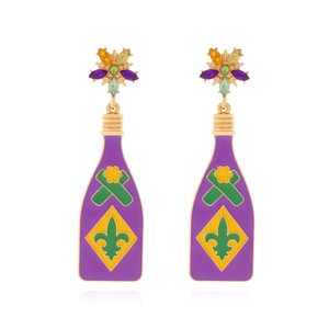 Colorful Mardi Gras wine bottle drop earrings with enamel finish and crystals