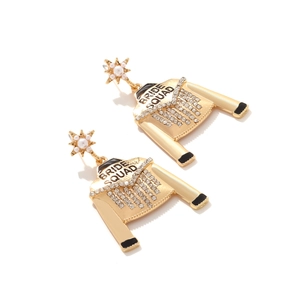 Gold jacket-shaped earrings with Bride Squad lettering and sparkling tassels