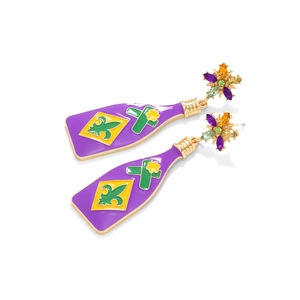 Creative Mardi Gras bottle drop earrings with purple enamel and iris flower motifs