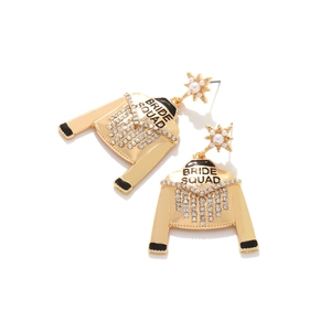 Detail of jacket-shaped bridal earrings with Bride Squad lettering and rhinestone fringe