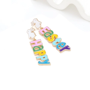 Exaggerated Easter earrings with white bunny studs and colorful HAPPY EASTER letters