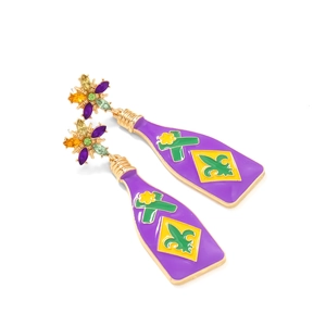 Colorful Mardi Gras wine bottle drop earrings with fleur-de-lis and sparkling crystals