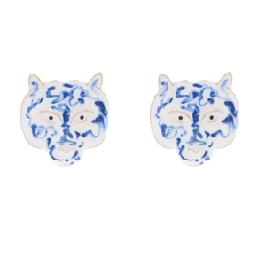 Tiger Head Stud Earrings Blue And White Porcelain Style Enamel Zinc Alloy Gold Plated Vintage Animal Jewelry For Women