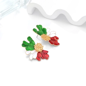 Floral enamel stud earrings with colorful petals and gold glitter in a 45-degree view