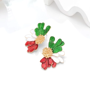 Three-color floral alloy earrings with red, white, and green enamel petals on white background