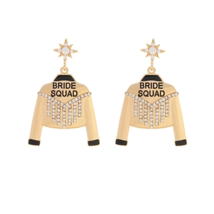 Golden star earrings with Bride Squad jacket charms featuring pearls and sparkling rhinestones