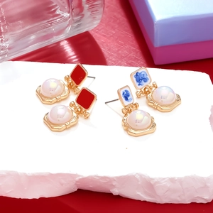 French vintage gold pearl earrings with red and blue colorful enamel in geometric style