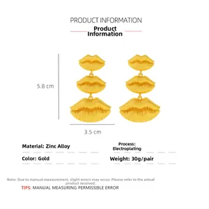 Detailed view of triple-layered gold-plated zinc alloy lip earrings measuring 5.8x3.5cm