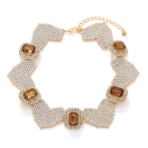 Collier Ras du Cou Coeur en Alliage de Zinc Doré de Luxe avec Strass Rectangulaires Ambre Bijoux de Mode pour Femmes