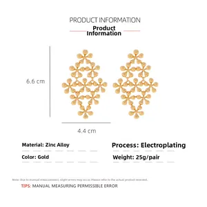 Detailed size chart for vintage gold layered flower earrings with 6.6cm x 4.4cm dimensions