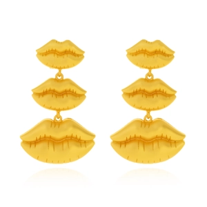 Lip Dangle Earrings Zinc Alloy Triple Tiered Gold Tone Matte Textured Statement Jewelry For Women