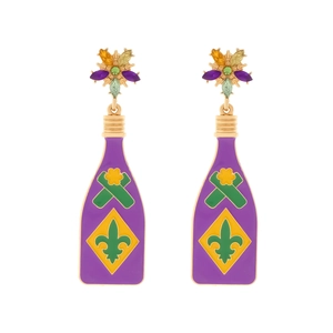 Fleur-de-lis bottle drop earrings with purple enamel and colorful crystal flower studs