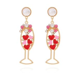 Fashion champagne glass drop earrings with red enamel hearts and pearl studs for women