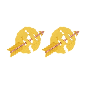 Detail of Cupid arrow earrings with pink crystals and hammered gold leaf texture