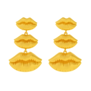 Exaggerated vintage gold layered lip drop earrings with textured triple lip pendants