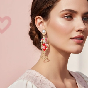 Champagne Wine Glass Dangle Earrings With Enamel Hearts Rhinestones Artificial Pearl And Stainless Steel Earring Post For Women