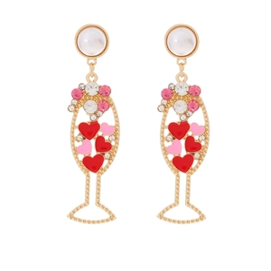 Golden champagne glass earrings with red enamel hearts and sparkling crystal bubbles