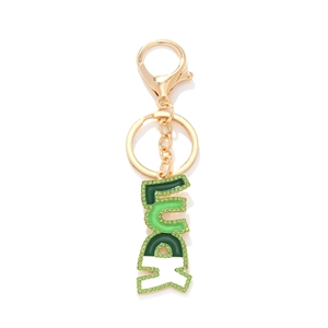 Porte-Clés Lettre Lucky Émail Strass Vert Or Alliage Pendentif De Sac Femmes Cadeau Pour La Saint Patrick