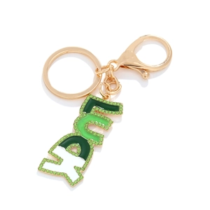 Porte-clés lettre LUCKY en émail vert et blanc avec strass brillants et finition dorée