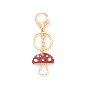 Mushroom Keychain Red Glitter Enamel Charm With Imitation Artificial Pearl And Rhinestone Gold Alloy Key Ring For Women Girls