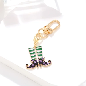 Colorful enamel clown boot pendant keychain with vibrant stripes and gold metal clasp