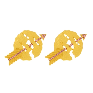 Gold cupid arrow earrings with pink rhinestones and hammered heart texture details