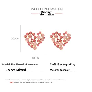 Detail of heart earrings with mixed pink rhinestones and zinc alloy base dimensions